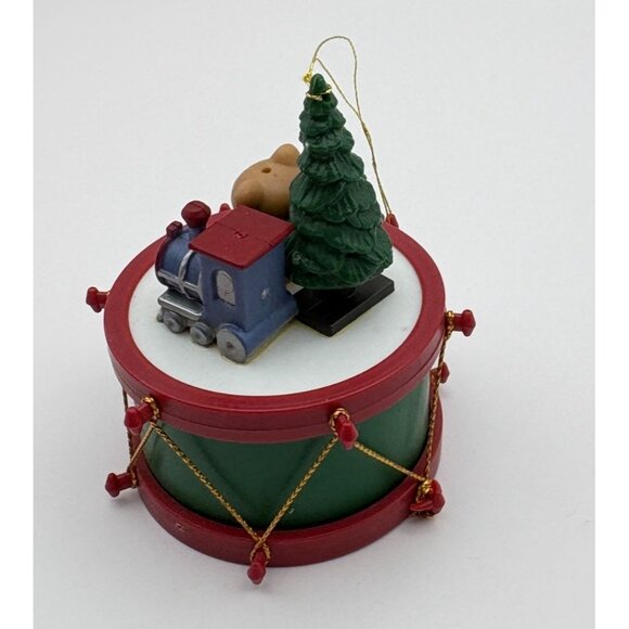 Vintage Toy Drum Christmas Tree Ornament Teddy Bear and Train Whimsical - Picture 5 of 8